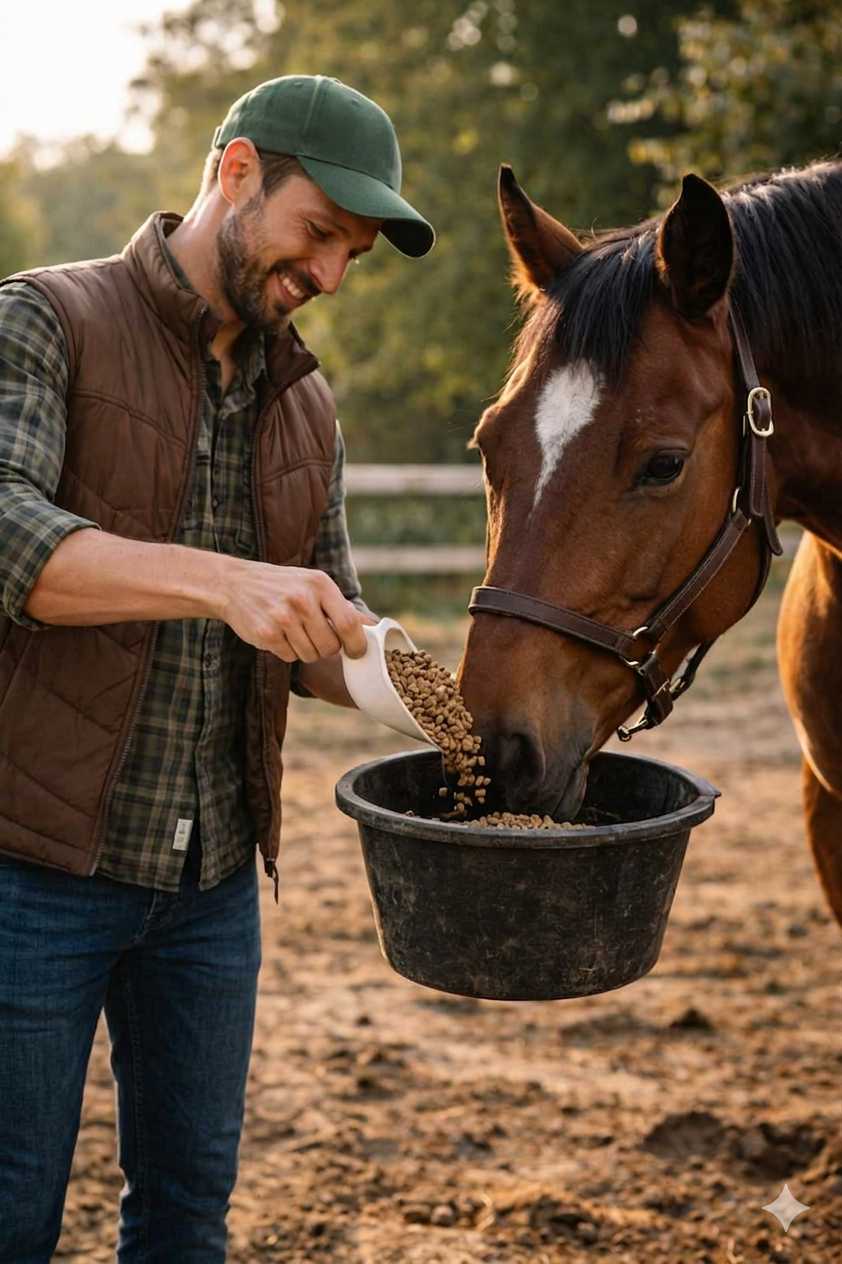 Mann füttert ein braunes Pferd mit Kraftfutter aus einem Eimer auf einem Paddock oder Hof