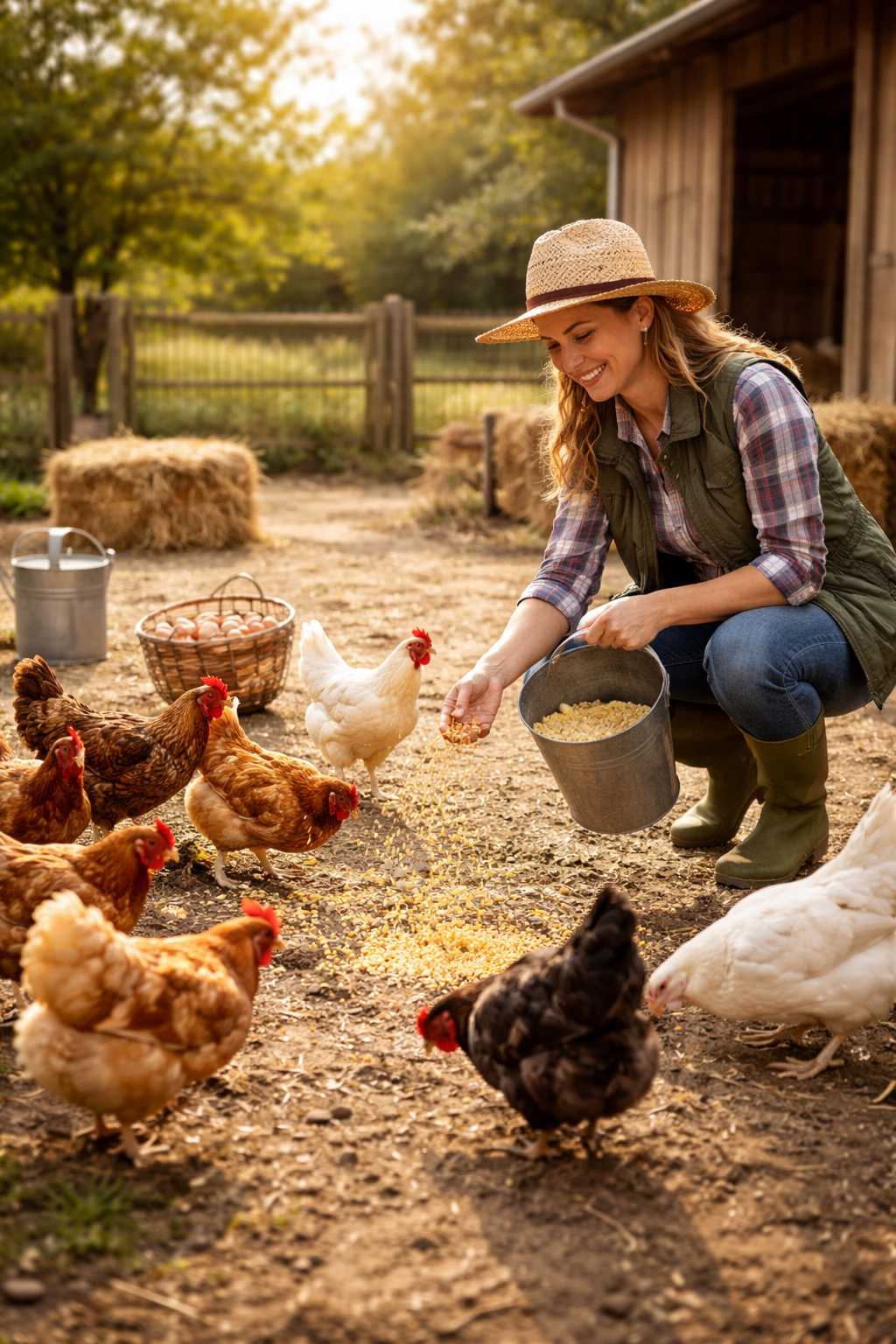 Frau mit Strohhut füttert mehrere Hühner auf einem Bauernhof neben Hühnerstall und Eierkorb