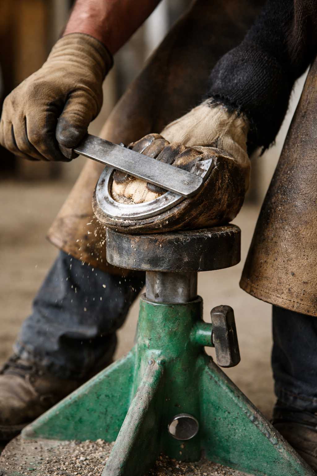 Hufschmied raspelt einen beschlagenen Pferdehuf auf einem Hufbock, Späne fallen während der Bearbeitung zu Boden.