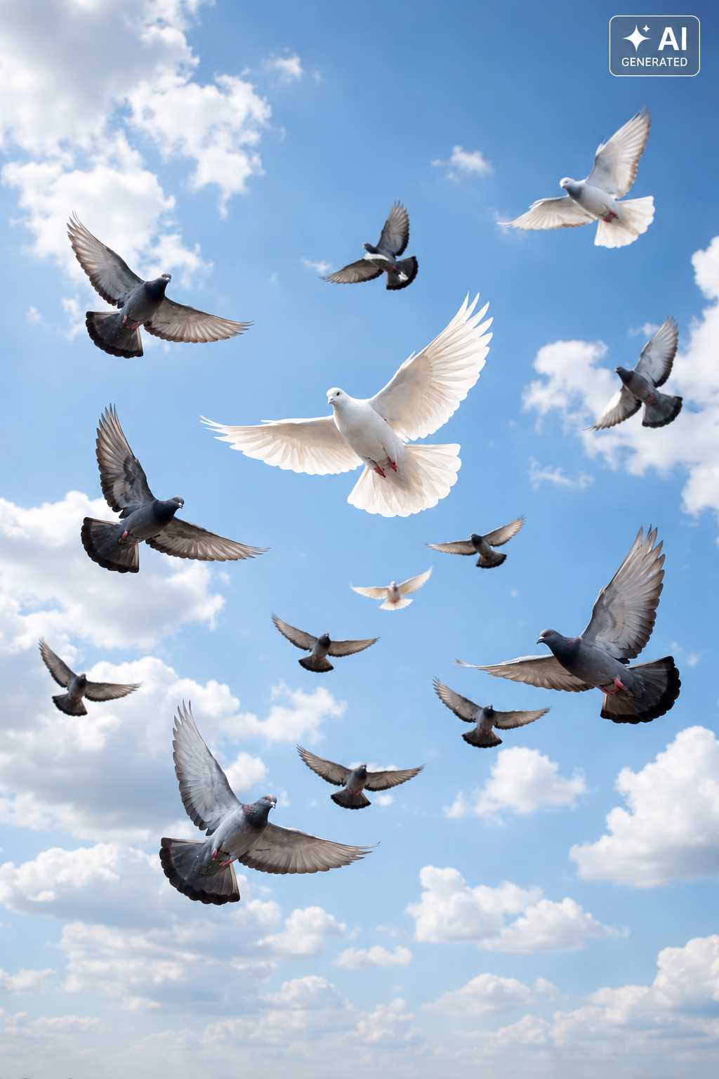 Mehrere weiße und graue Tauben fliegen mit ausgebreiteten Flügeln durch einen blauen Himmel mit vereinzelten weißen Wolken.