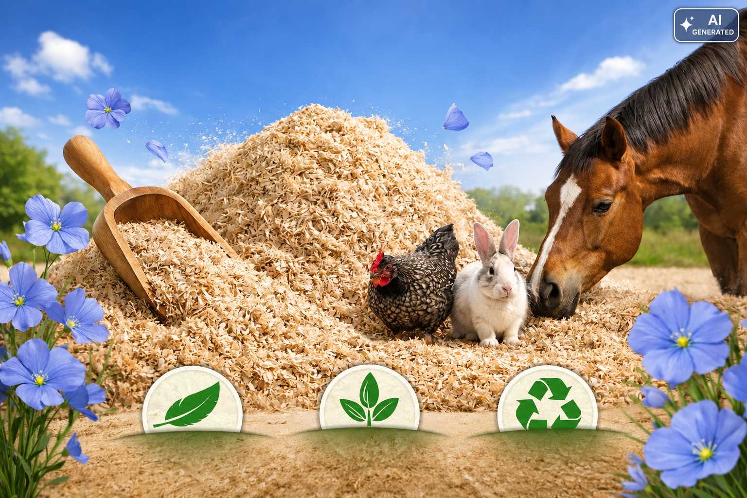Helle Einstreu mit Pferd, Huhn und Kaninchen sowie Leinsamenblüten im Hintergrund