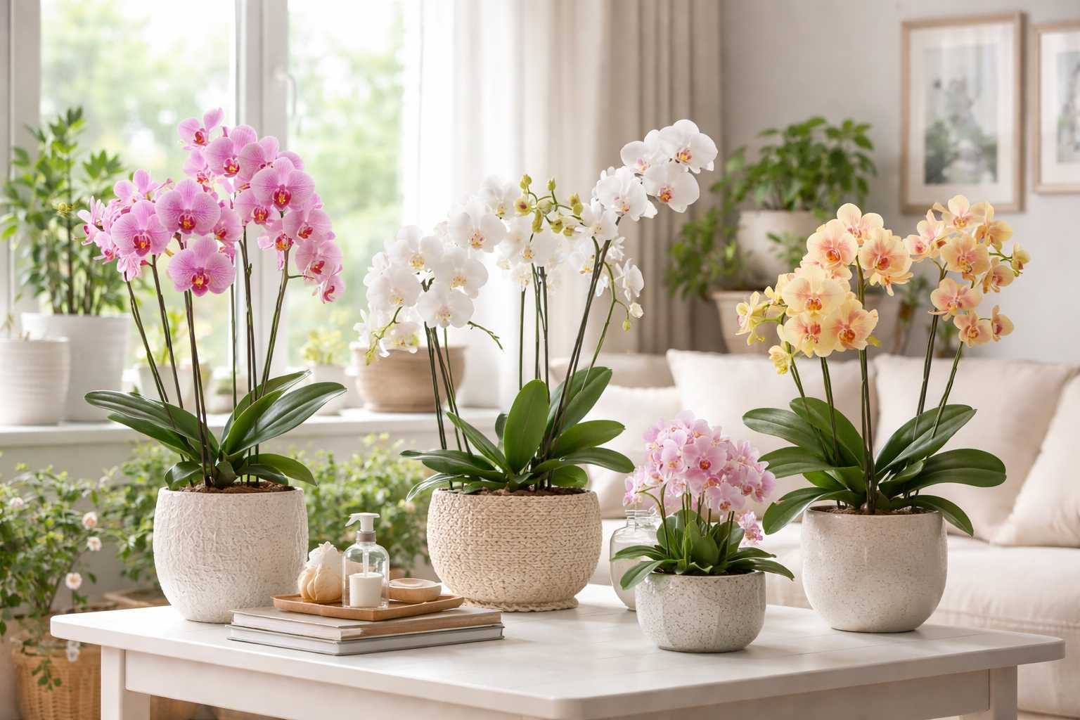 Mehrere blühende Orchideen in Töpfen auf einem Tisch in einem hellen Wohnzimmer