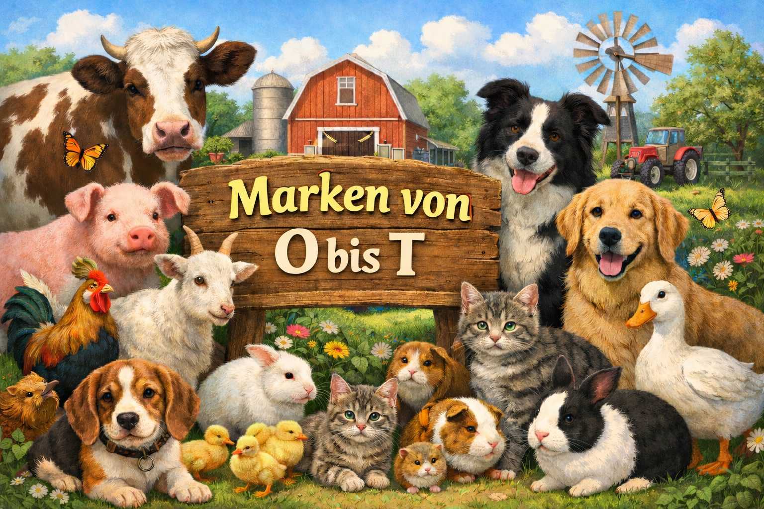 Verschiedene Tiere wie Hund, Katze, Pferd, Kuh und Geflügel vor Bauernhof mit Schriftzug Marken von O bis T