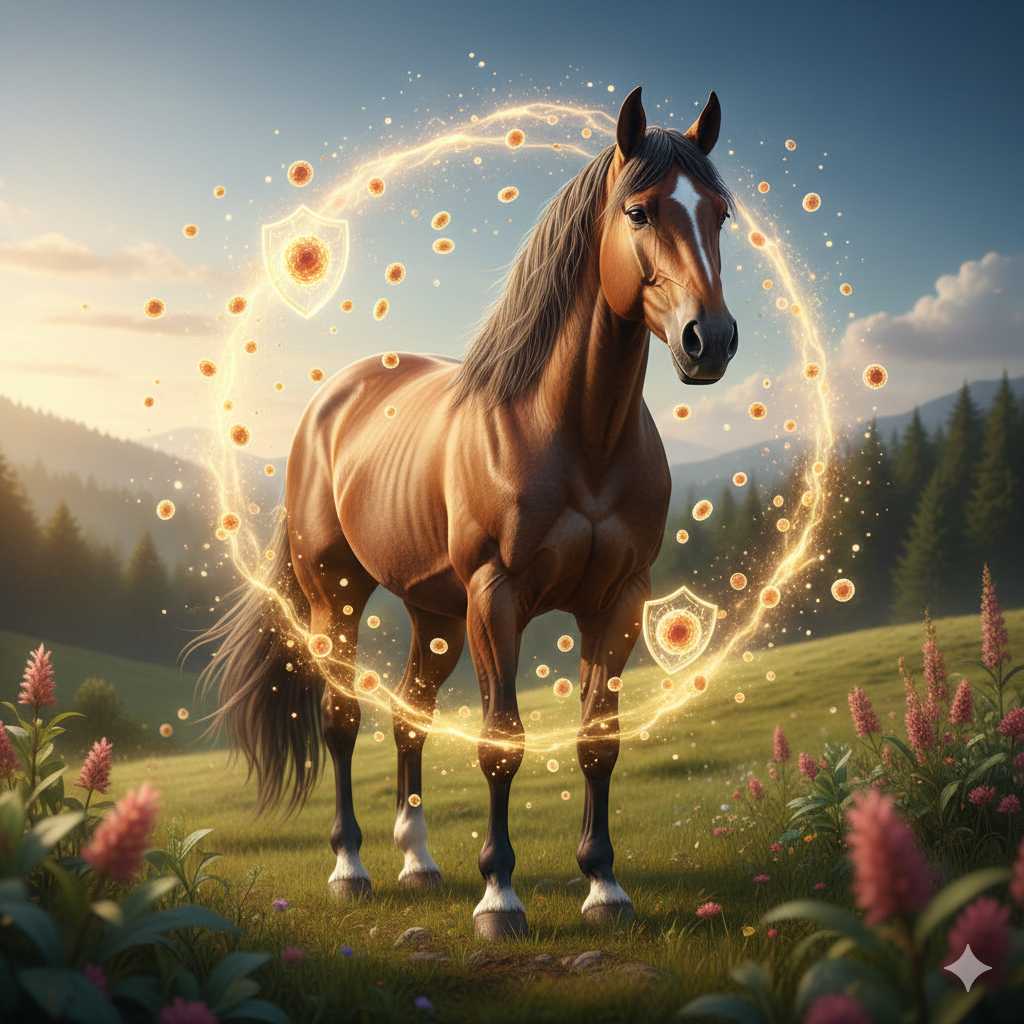 Illustration eines braunen Pferdes auf einer Bergwiese, umgeben von einem leuchtenden Schutzring mit symbolischen Schilden und Partikeln als Zeichen für ein starkes Immunsystem.