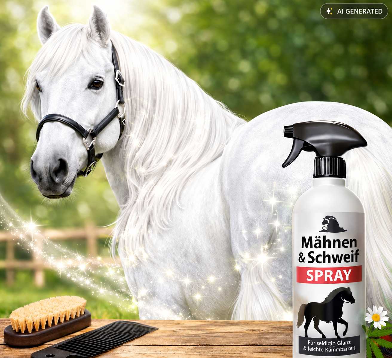 Weißes Pferd mit langer Mähne und Schweif auf einer grünen Weide. Im Vordergrund stehen Mähnen- und Schweifspray, eine Pferdebürste und ein Mähnenkamm.