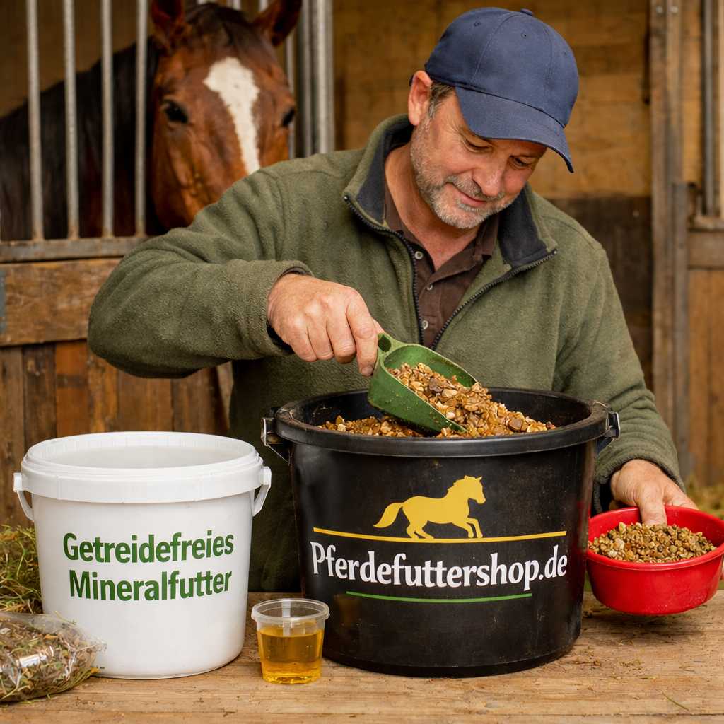 Mann mischt getreidefreies Mineralfutter für Pferde in einem Futtereimer im Stall