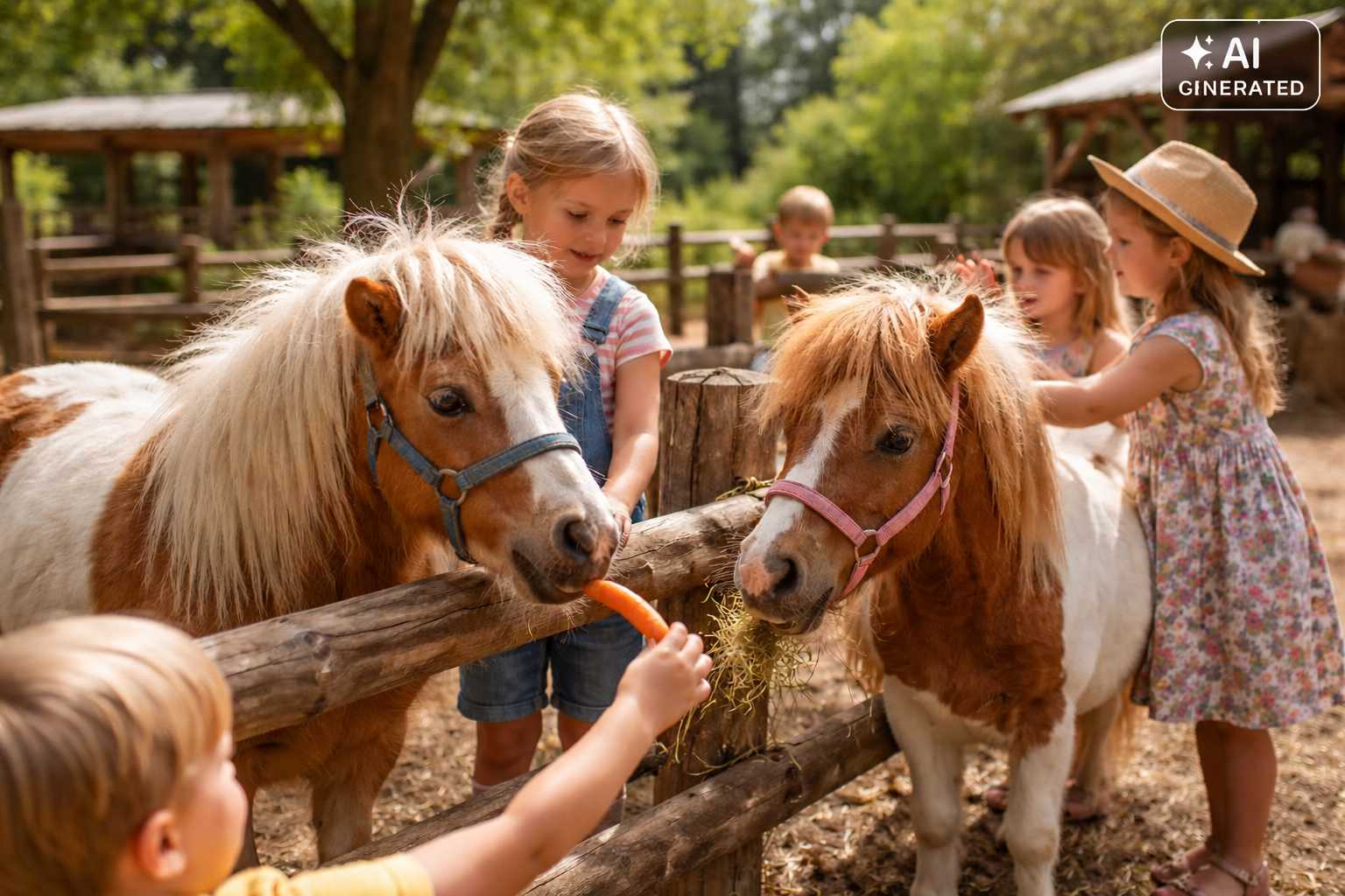 Mehrere Kinder stehen an einem Holzzaun auf einem Ponyhof und streicheln zwei braun-weiß gescheckte Ponys mit langen Mähnen. Ein Kind bietet einem Pony eine Karotte an.