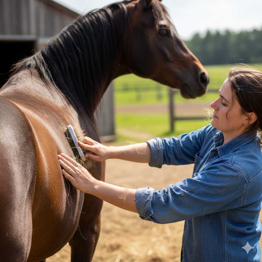 Frau bürstet ein braunes Pferd auf einem Hof, während sich lose Haare aus dem Fell lösen. Im Hintergrund sind Stallgebäude und eine grüne Wiese zu sehen.