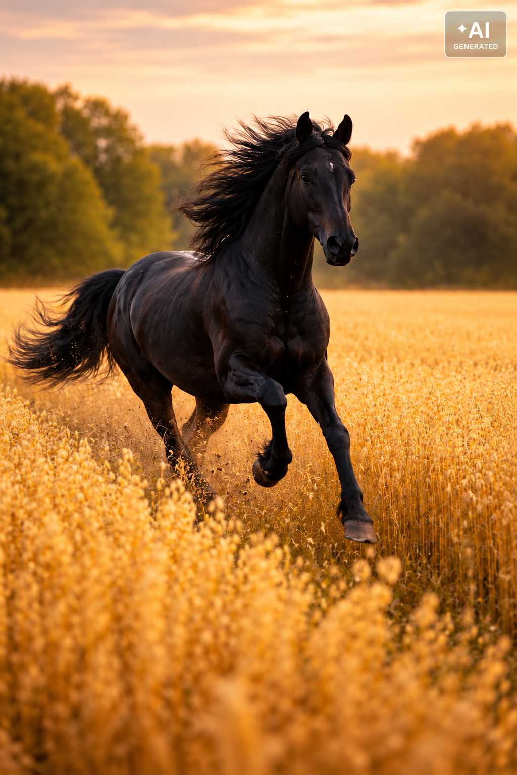 Schwarzes Pferd mit wehender Mähne galoppiert durch ein goldenes Feld im warmen Licht des Sonnenuntergangs.