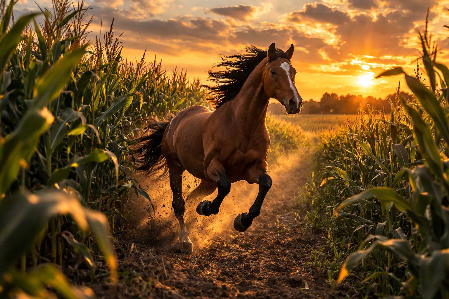 Braunes Pferd galoppiert auf einem Feldweg zwischen hohen Maispflanzen im warmen Licht des Sonnenuntergangs