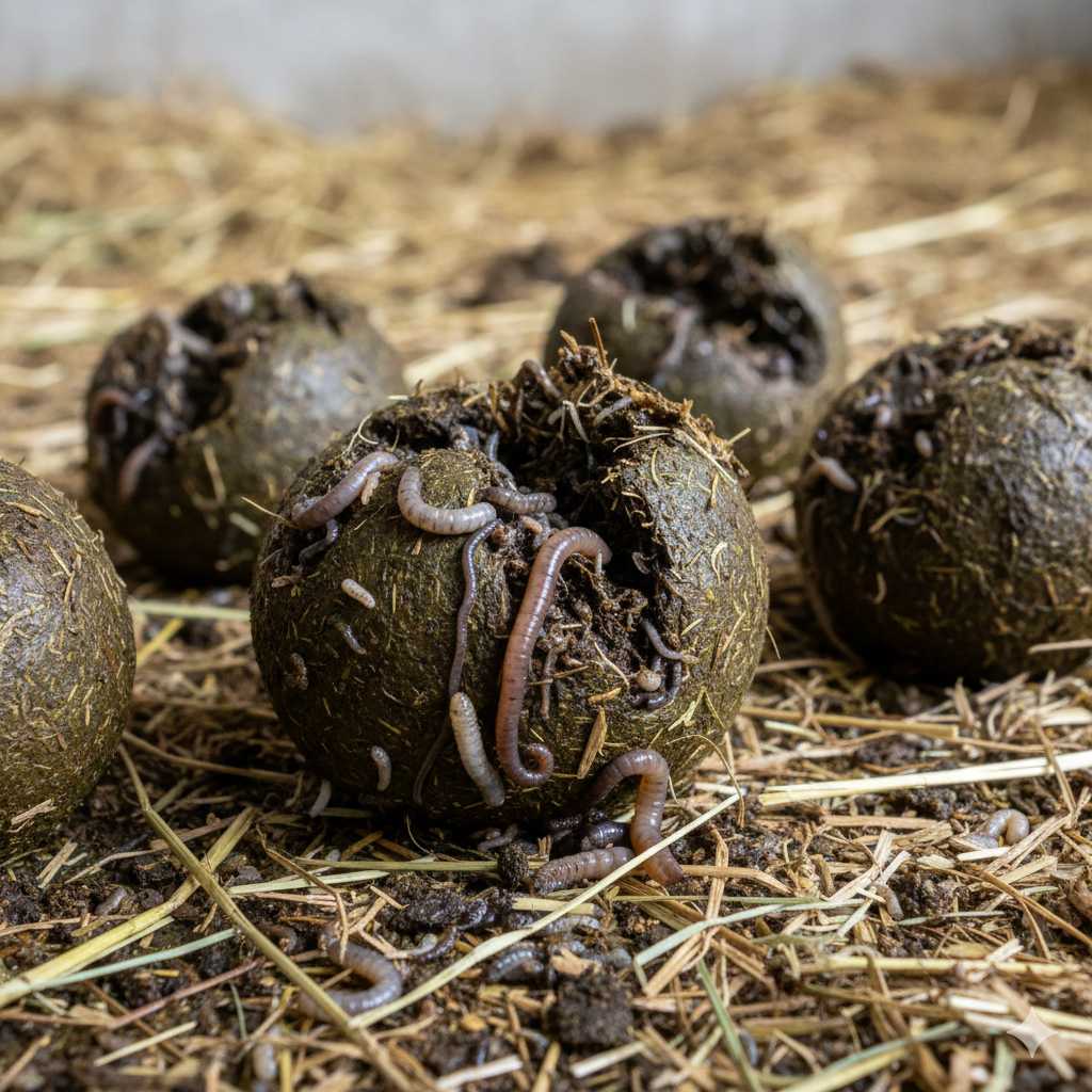 Nahaufnahme von mehreren Pferdeäpfeln auf Stroh, aus denen zahlreiche Würmer kriechen; deutlicher Hinweis auf starken Parasitenbefall.