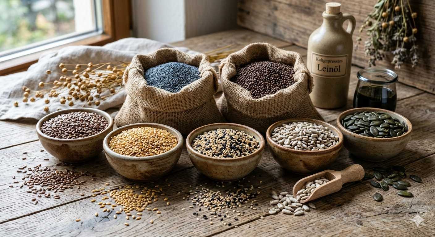 Verschiedene Ölsaaten wie Leinsamen und Sonnenblumenkerne sowie Leinöl als natürliche Ergänzung für Pferdefutter