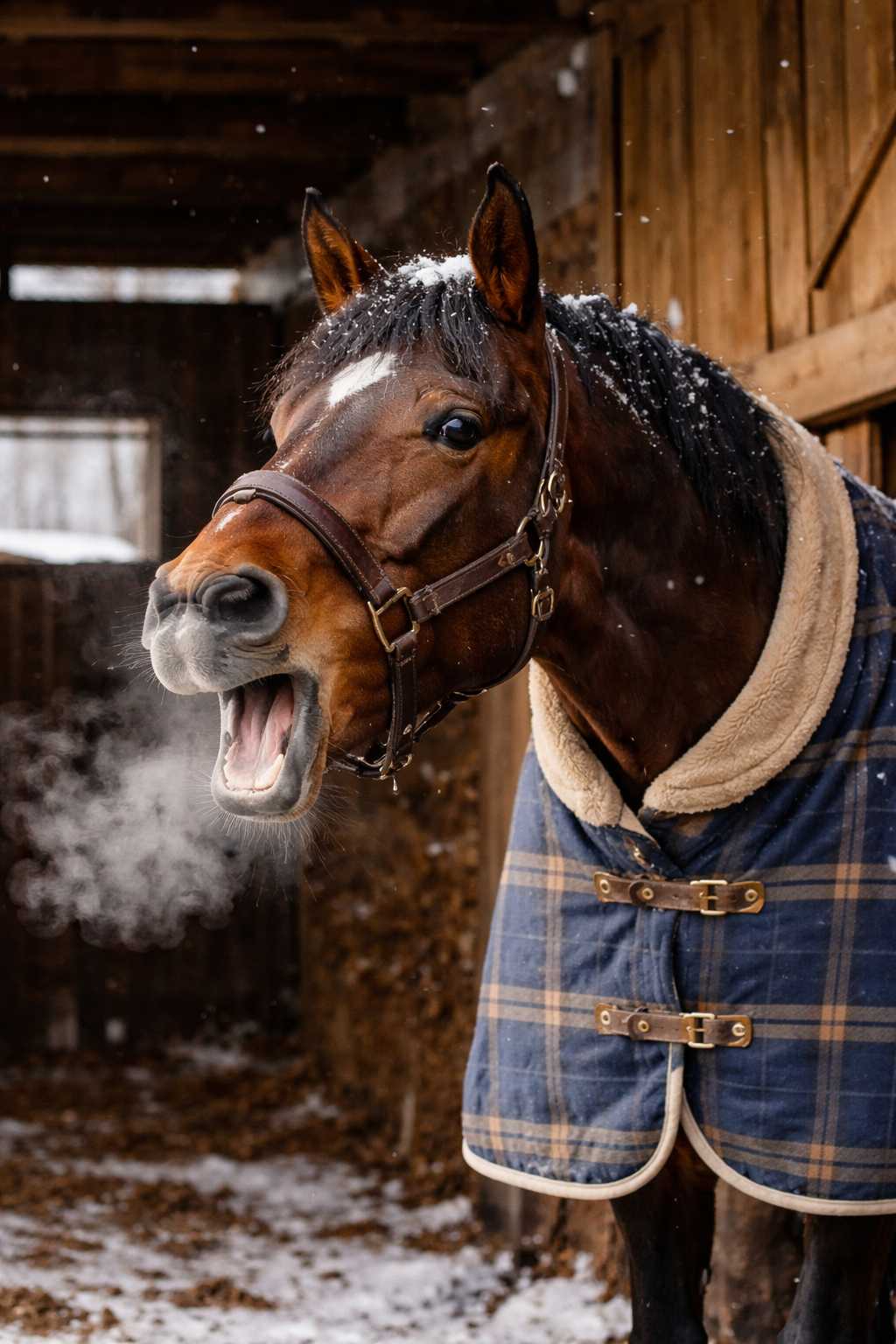 Pferd mit Winterdecke steht im Stall und hustet sichtbar in der kalten Luft, Atemdampf ist deutlich zu sehen – möglicher Hinweis auf Atemwegserkrankung.