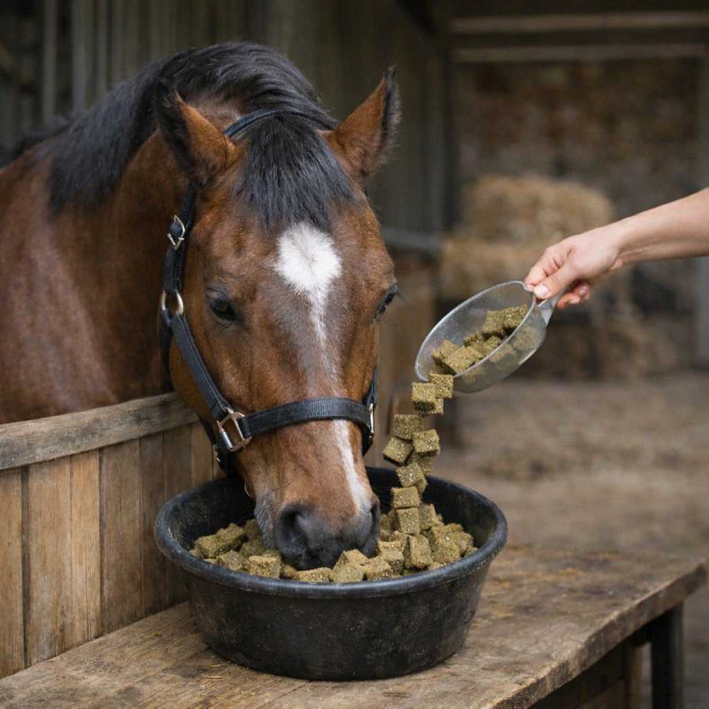 Braunes Pferd frisst Kraftfutter aus einem Trog im Stall, während eine Hand weiteres Futter hinzugibt
