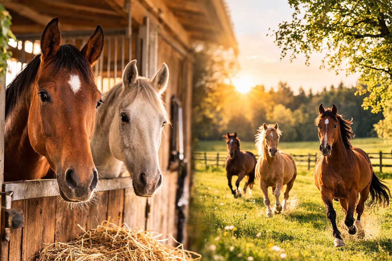 Pferde schauen aus einer Stallbox während andere Pferde über eine grüne Weide laufen