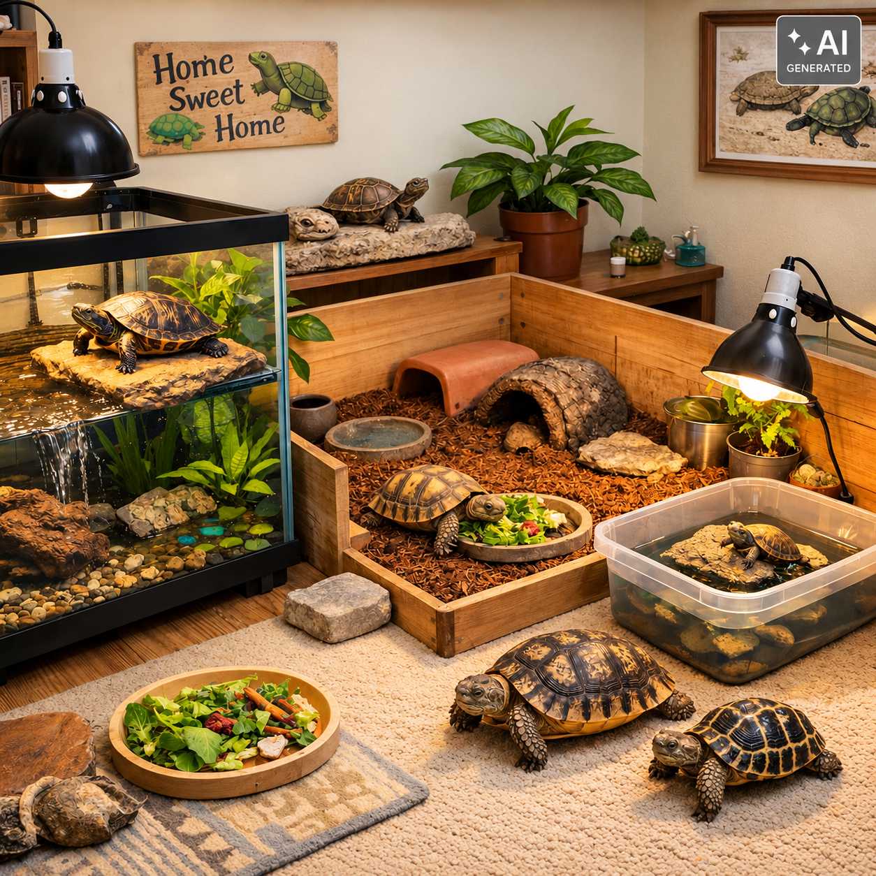 Mehrere Landschildkröten in einem eingerichteten Terrarium mit Futterplätzen und Wärmelampen