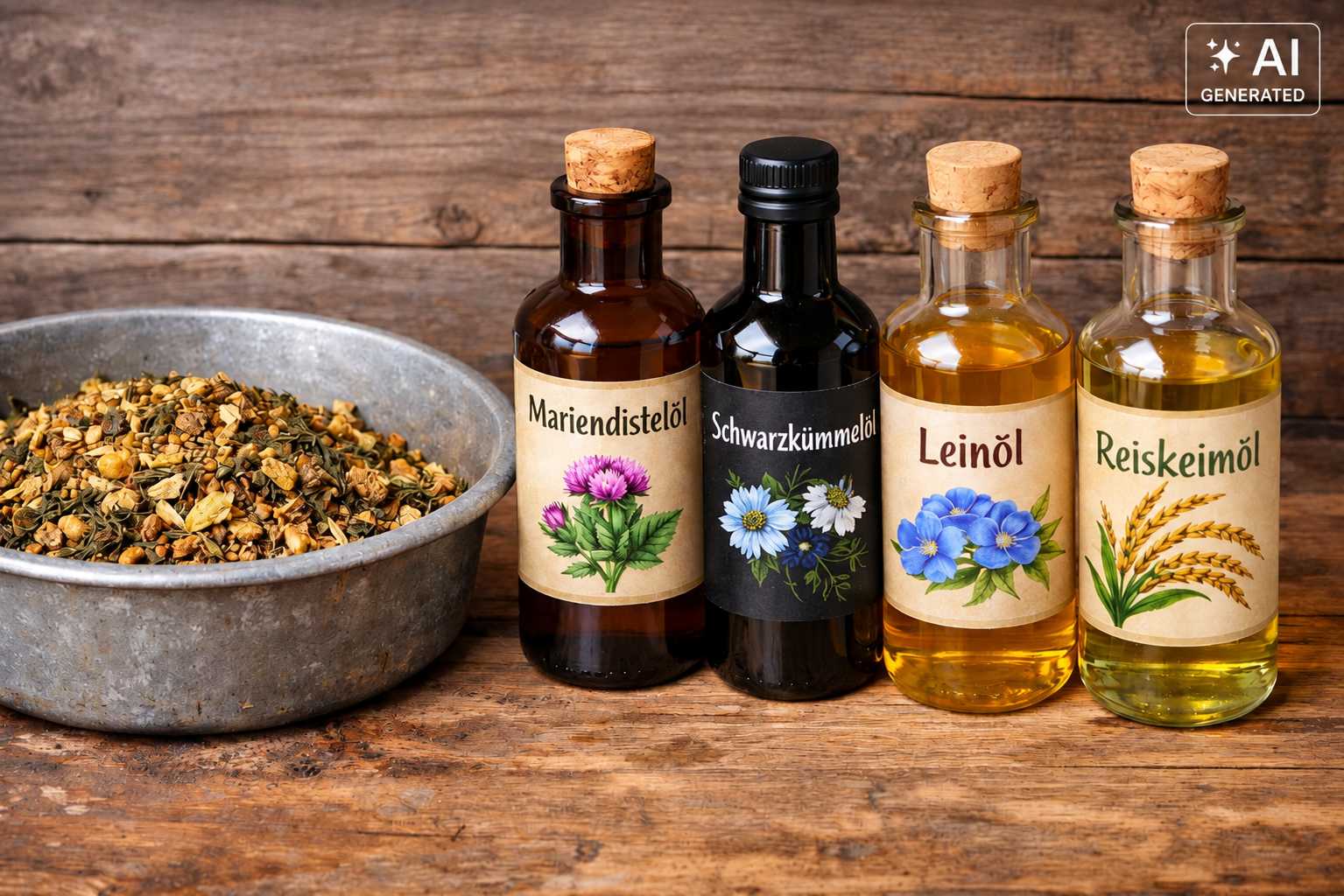 Vier Flaschen mit Mariendistelöl, Schwarzkümmelöl, Leinöl und Reiskeimöl stehen neben einer Schale mit Pferdefutter auf einem rustikalen Holztisch.