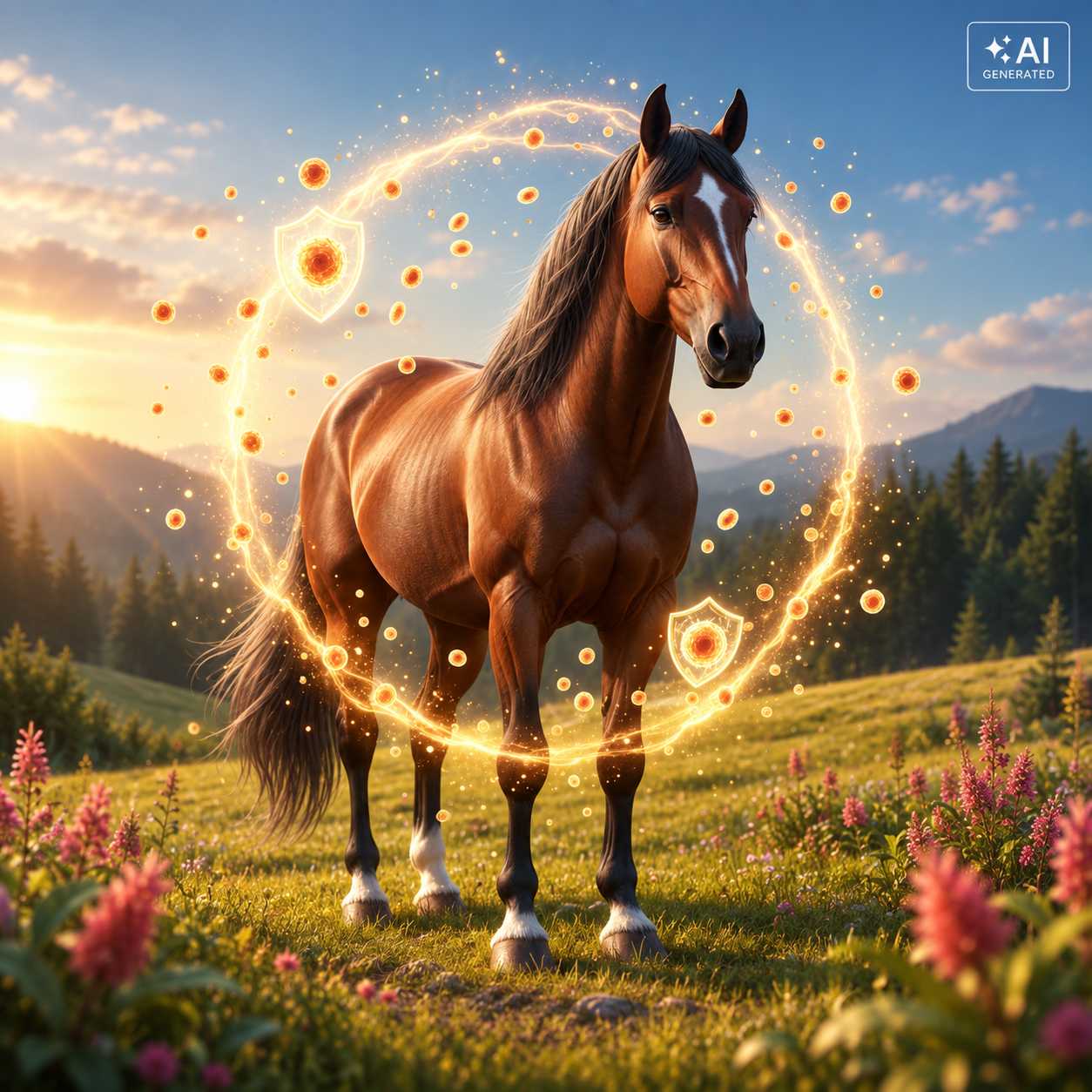 Braunes Pferd auf einer Wiese mit dekorativem Lichtkreis im Hintergrund