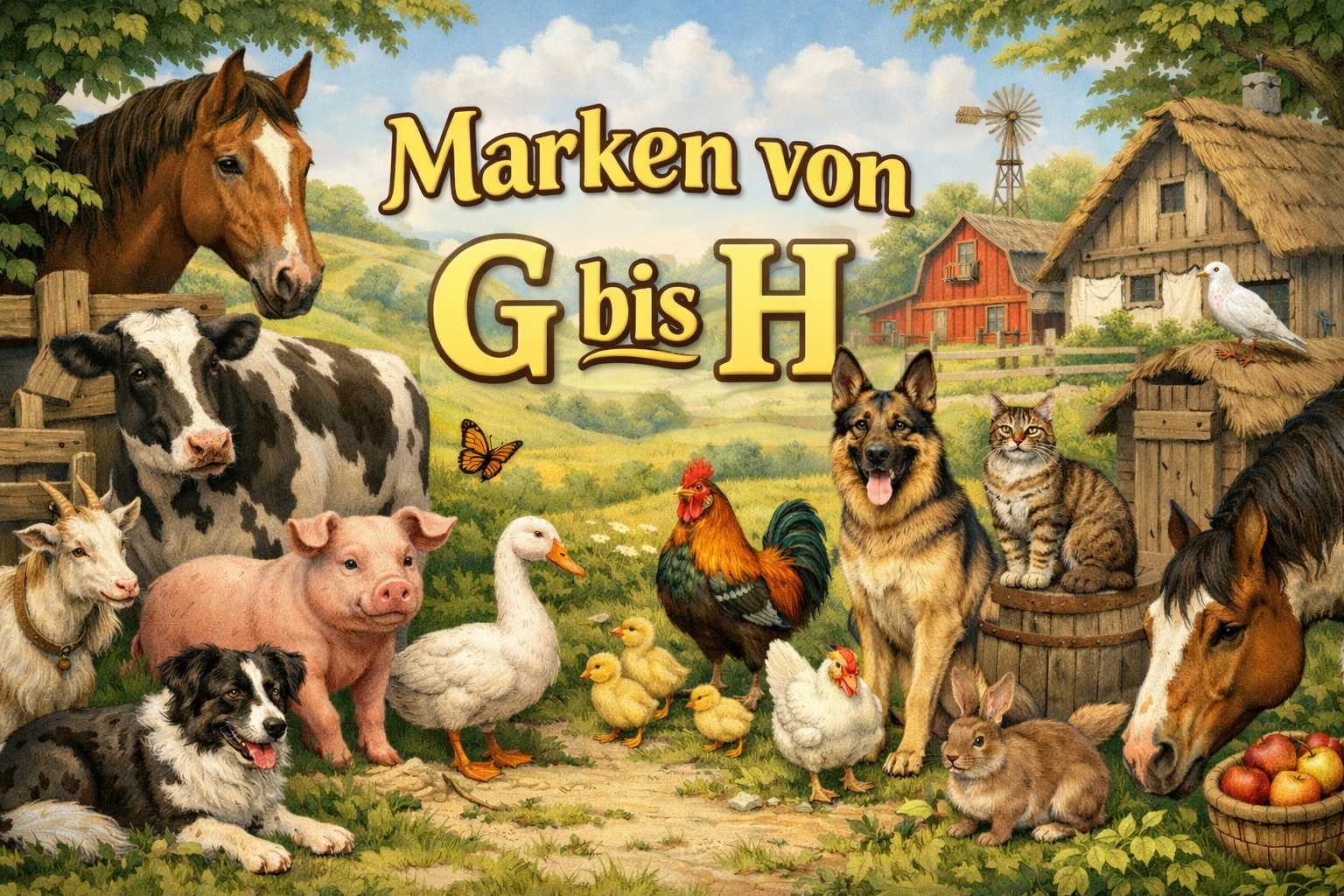 Illustration mit Bauernhoftieren wie Pferd, Kuh, Schwein, Hund, Katze und Geflügel sowie Schriftzug Marken von G bis H
