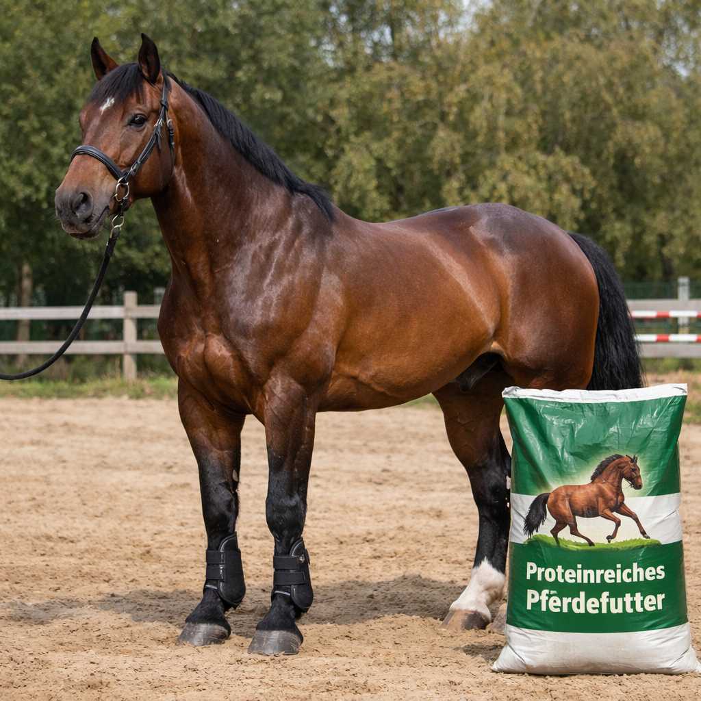 Kräftiges braunes Pferd auf einem Reitplatz neben einem Sack mit proteinreichem Pferdefutter