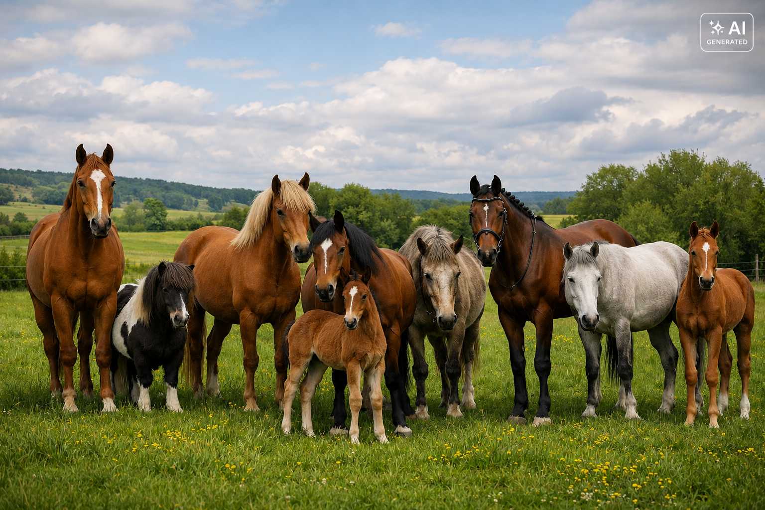 Verschiedene Pferde und Ponys gemeinsam auf einer weitläufigen Weide