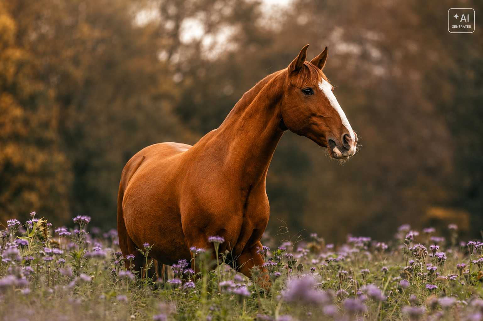 Fuchsfarbenes Pferd mit weißer Blesse auf einer Wiese mit violetten Wildblumen vor herbstlicher Kulisse