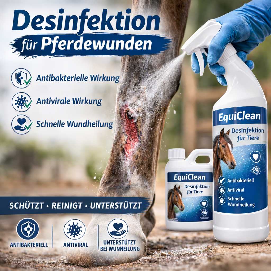 Desinfektionsspray wird auf eine Wunde am Bein eines Pferdes aufgetragen zur Reinigung und Wundheilung