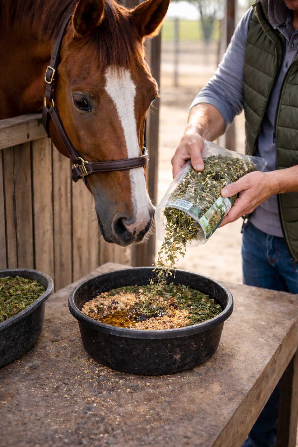 Pferdebesitzer gibt Kräuter und Öl als natürliche Nahrungsergänzung in das Pferdefutter im Stall