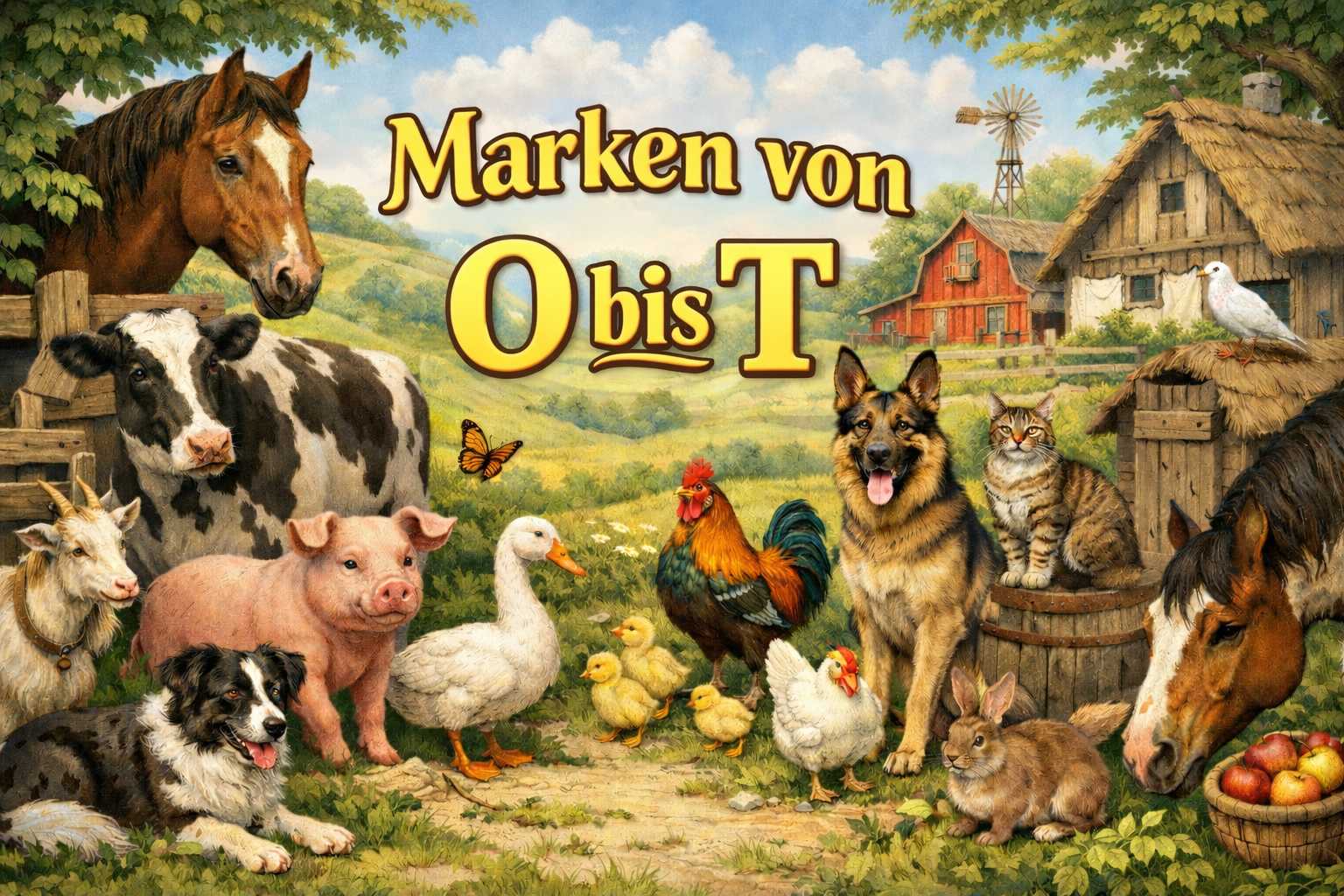 Bauernhofszene mit Pferd, Kuh, Hund, Katze, Geflügel und anderen Tieren sowie Schriftzug Marken von O bis T