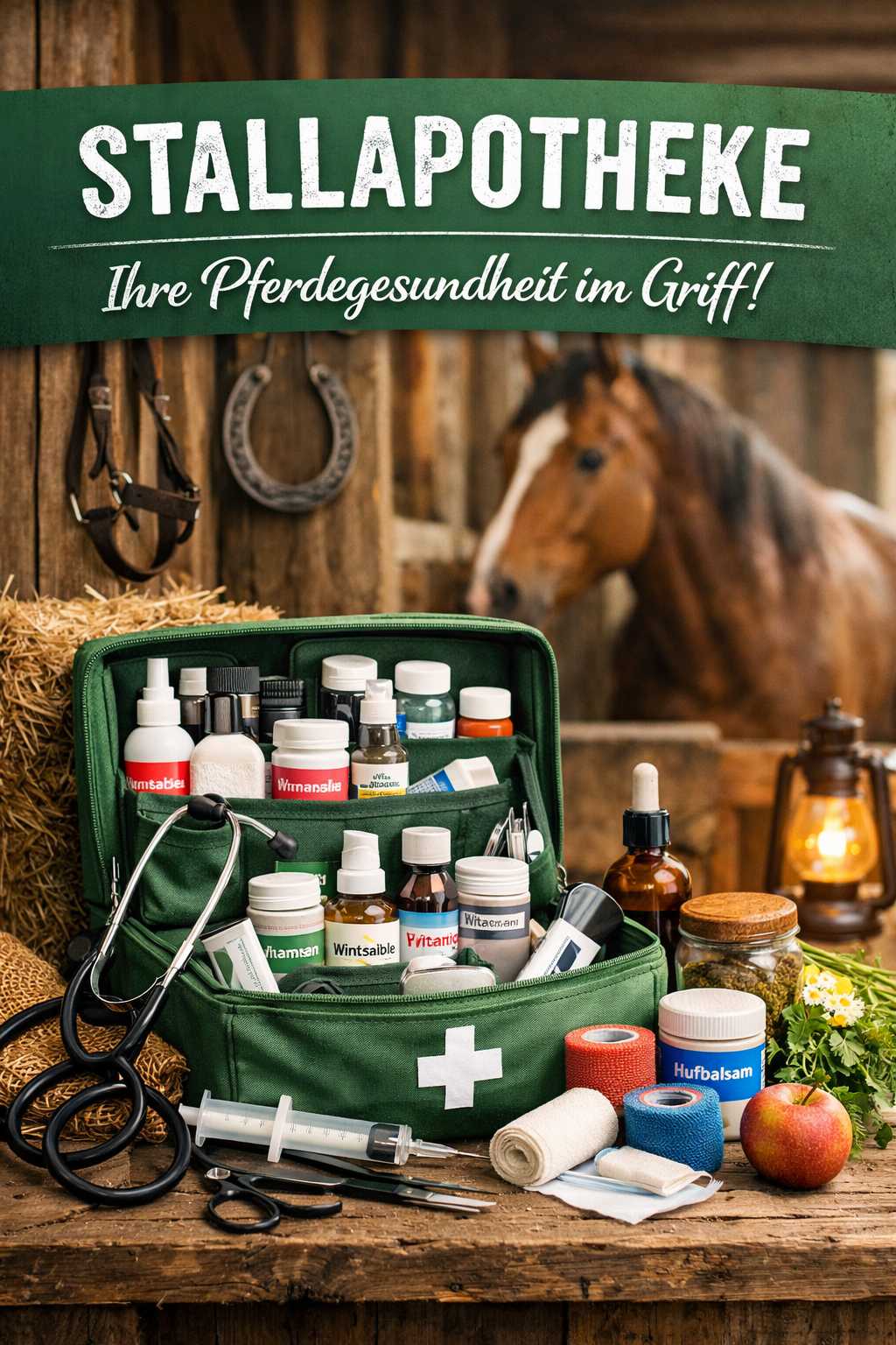 Stallapotheke für Pferde mit Verbandsmaterial, Medikamenten und Pflegeprodukten auf einem Tisch im Pferdestall