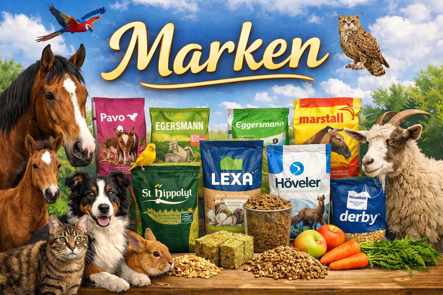 Verschiedene Futtersäcke bekannter Marken wie Pavo, Eggersmann, Höveler, LEXA und marstall mit Pferd, Hund, Katze und weiteren Tieren auf einem Hof