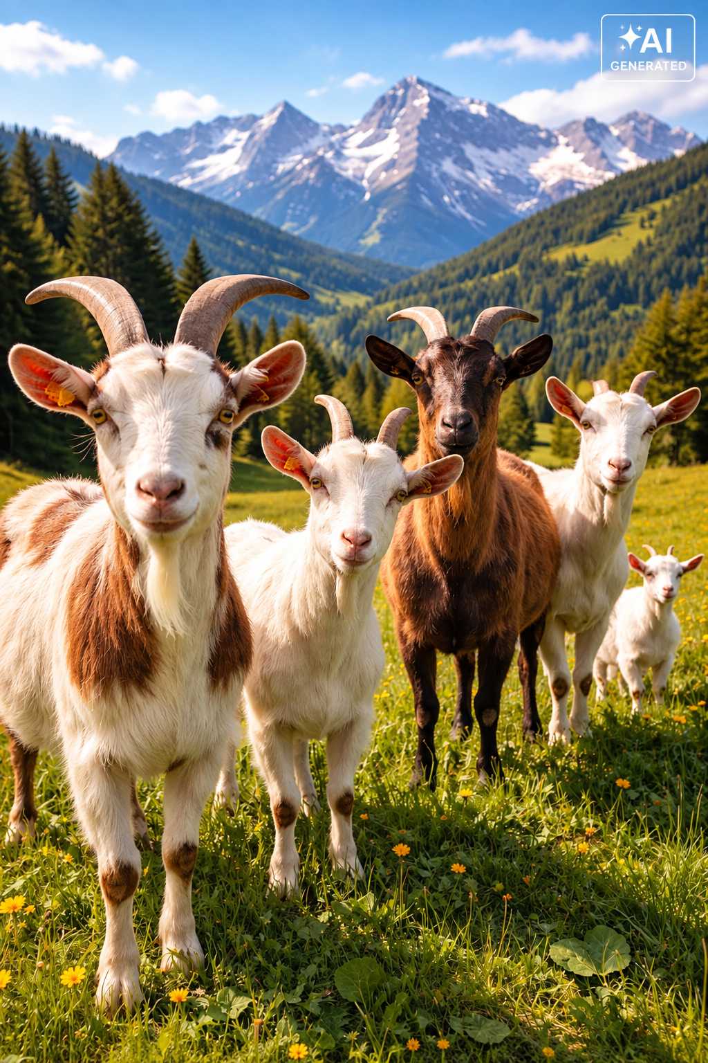 Mehrere Ziegen stehen auf einer grünen Bergwiese vor einer alpinen Landschaft