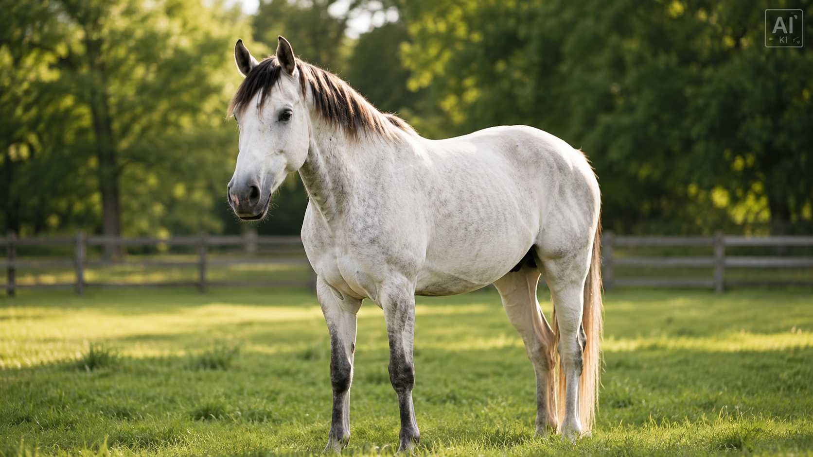 Helles Pferd steht auf einer grünen Weide vor Bäumen und einem Holzzaun