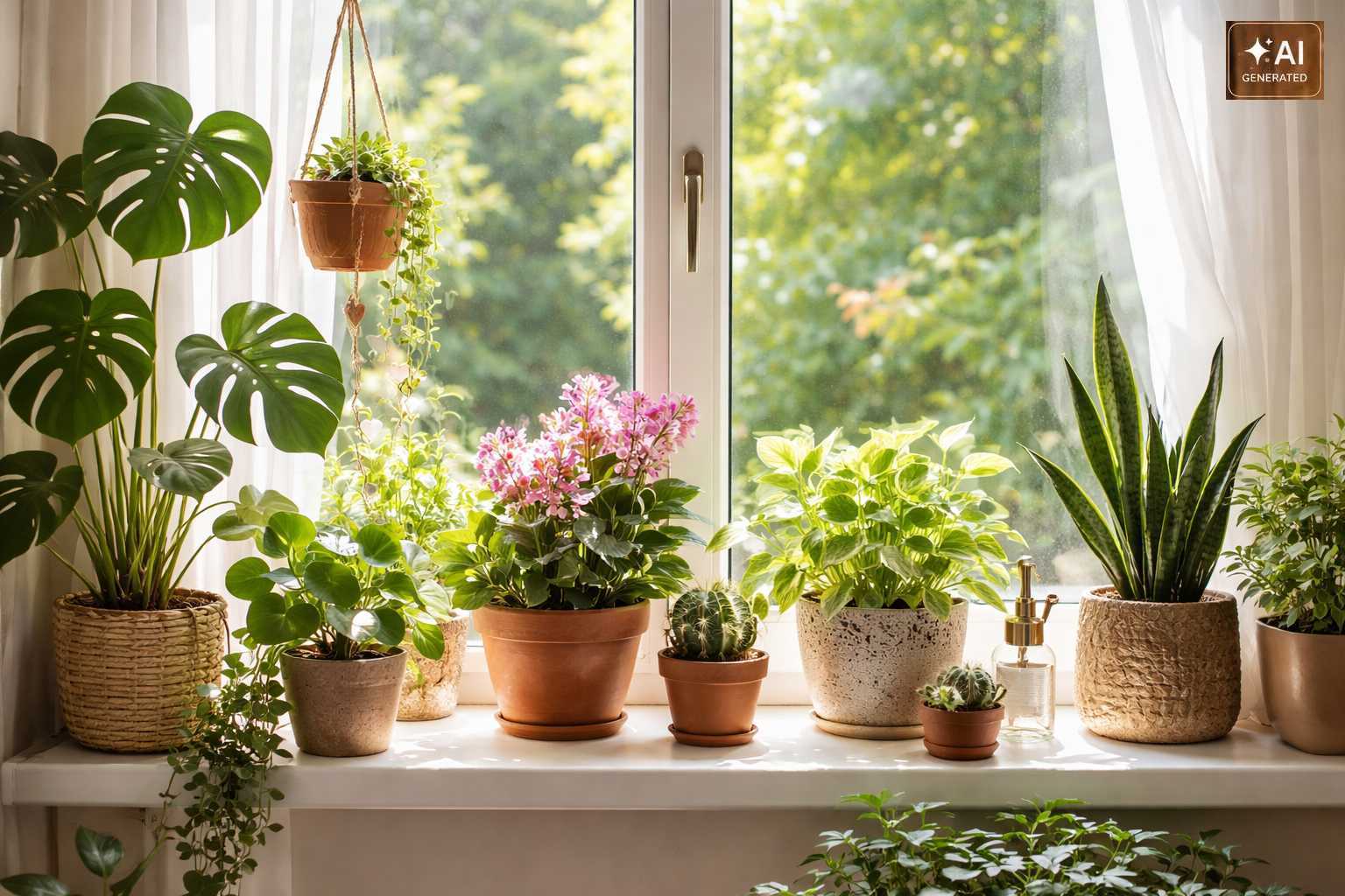 Verschiedene Zimmerpflanzen mit Monstera, Bogenhanf, Kaktus und Blühpflanze am Fenster