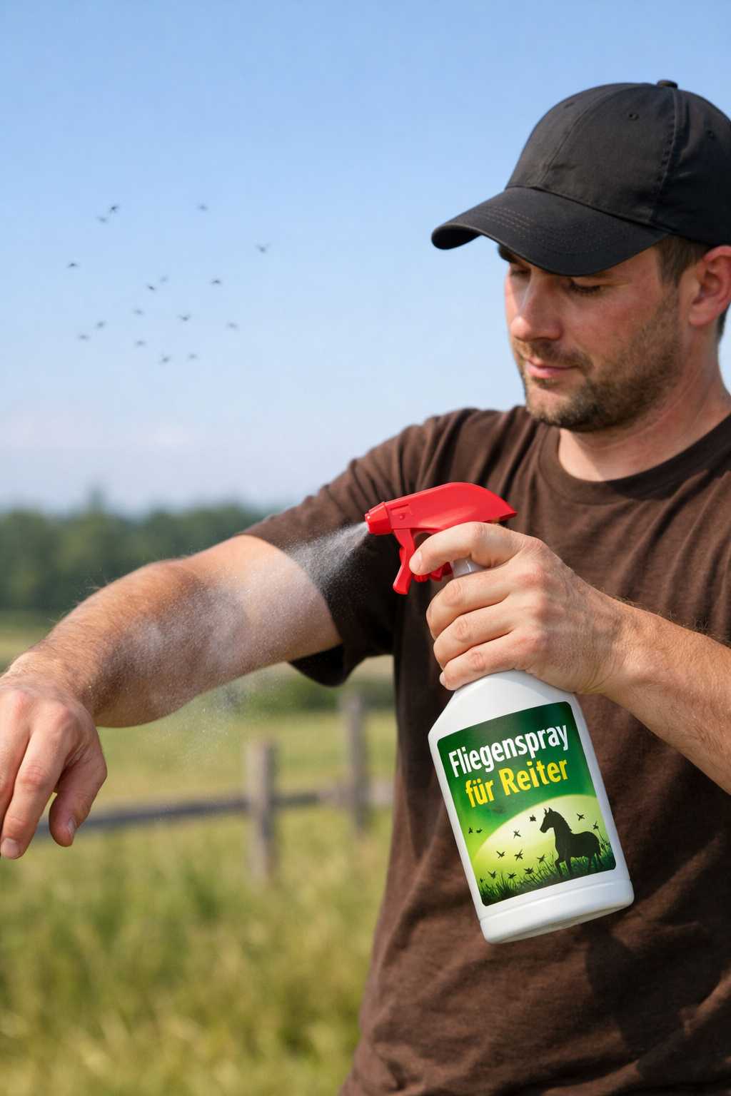 Mann sprüht Fliegenspray auf seinen Arm zum Schutz vor Mücken und Insekten