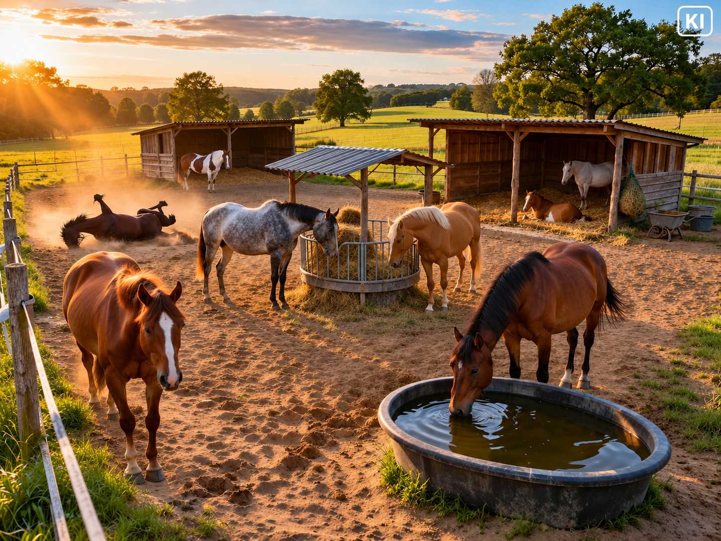 Mehrere braune, graue und weiße Pferde stehen in einem weitläufigen Offenstall mit Unterständen, überdachter Heuraufe und großer Wassertränke im warmen Abendlicht.