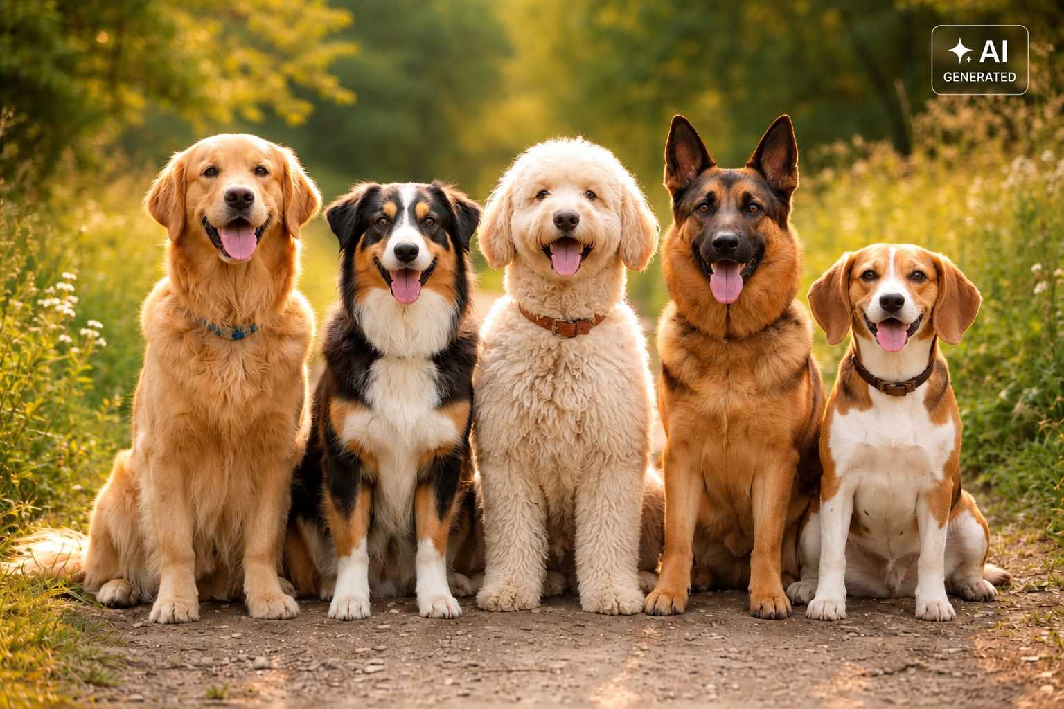Fünf Hunde unterschiedlicher Rassen sitzen gemeinsam auf einem Weg in der Natur
