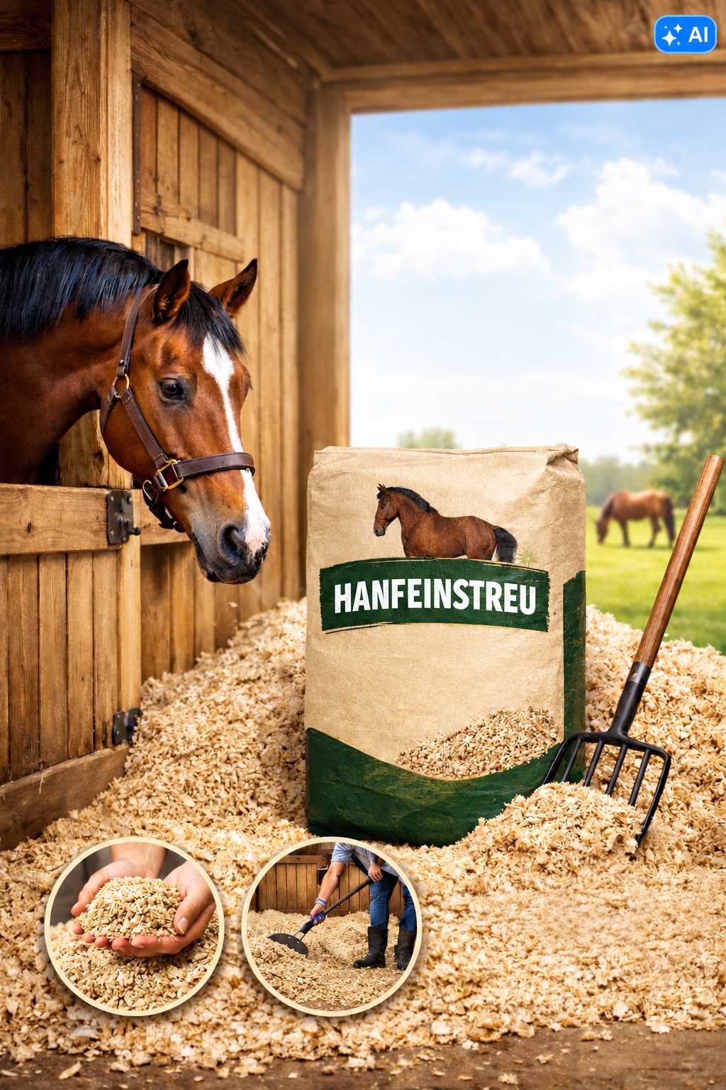 Sack mit Hanfeinstreu vor einer Pferdebox mit braunem Pferd und Stallgabel