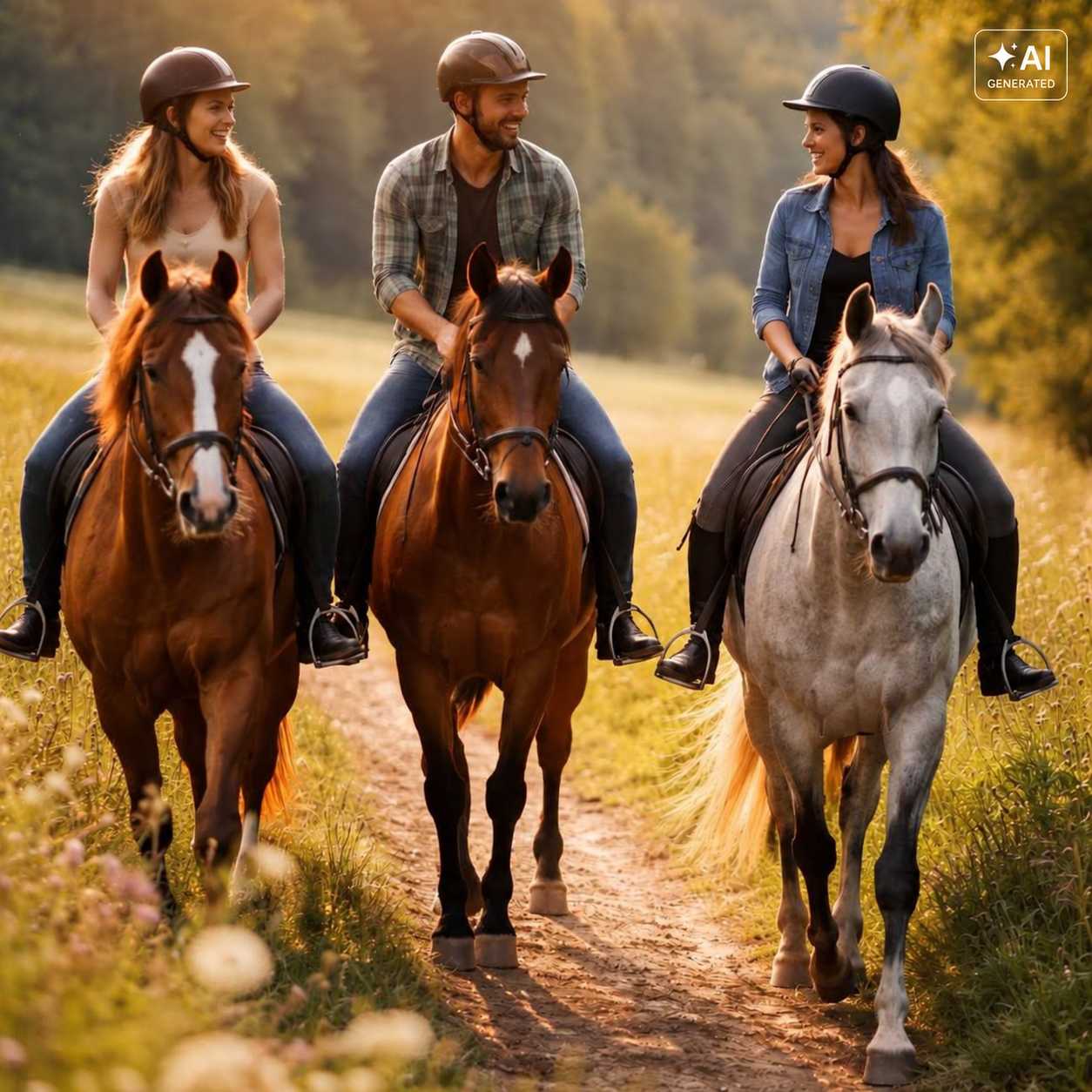 Drei Reiter mit Helmen reiten auf zwei braunen Pferden und einem Schimmel über einen Feldweg. Sie unterhalten sich im warmen Abendlicht.