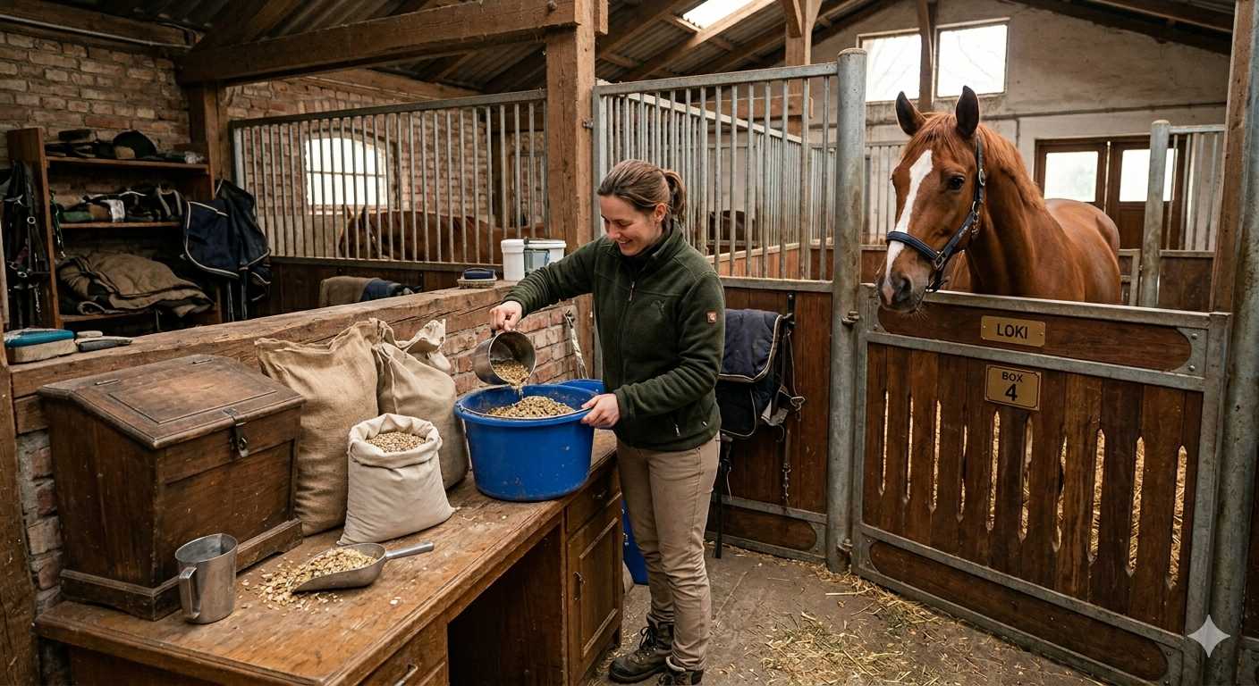 Frau mischt Pferdefutter in einem Eimer im Stall, während ein Pferd aus der Box zuschaut, Säcke mit Futter stehen im Hintergrund