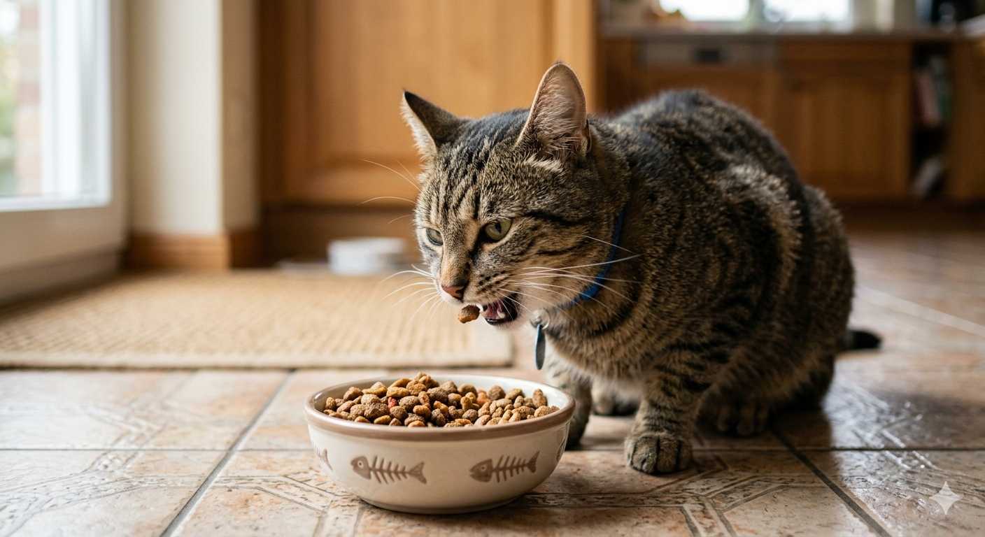 Hauskatze frisst Trockenfutter aus einer Futterschüssel auf dem Küchenboden