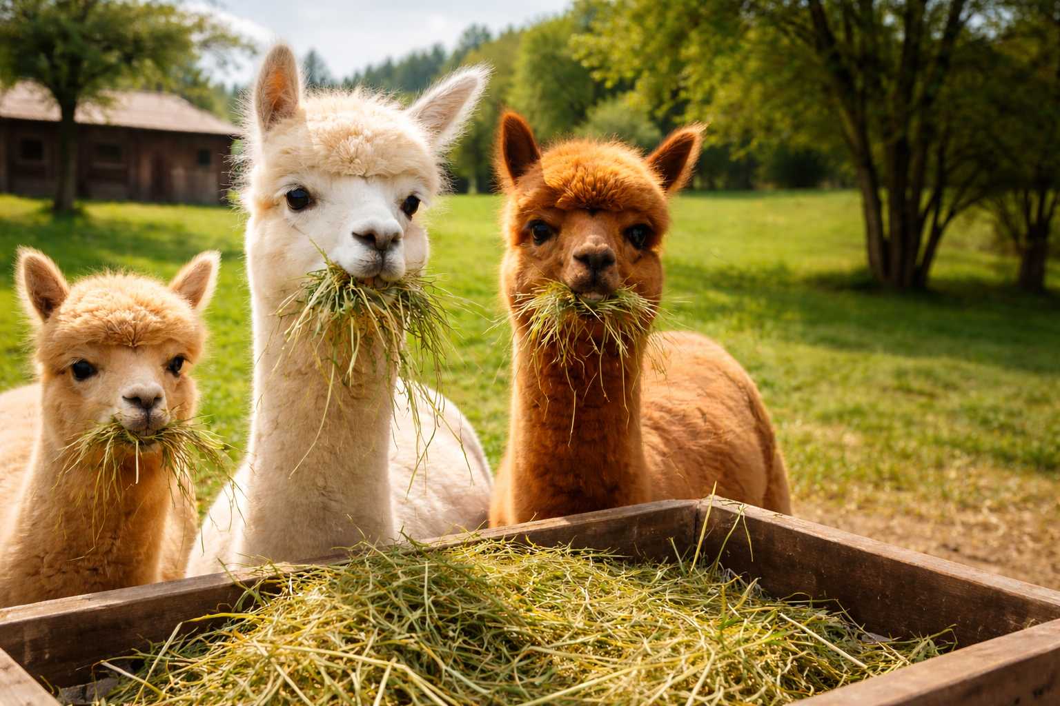 Drei Alpakas fressen Heu aus einer Futterkrippe auf einer grünen Wiese