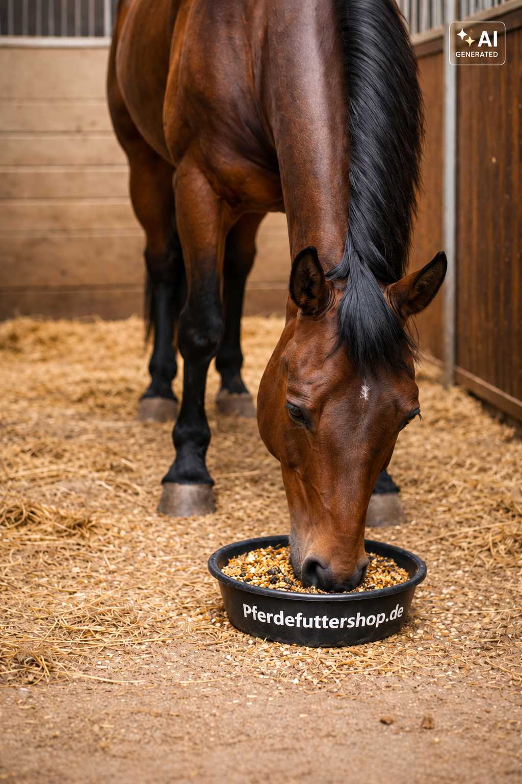 Braunes Pferd mit schwarzer Mähne frisst Pferdefutter aus einem schwarzen Futtertrog mit der Aufschrift „Pferdefuttershop.de“ in einer mit Stroh eingestreuten Stallbox.