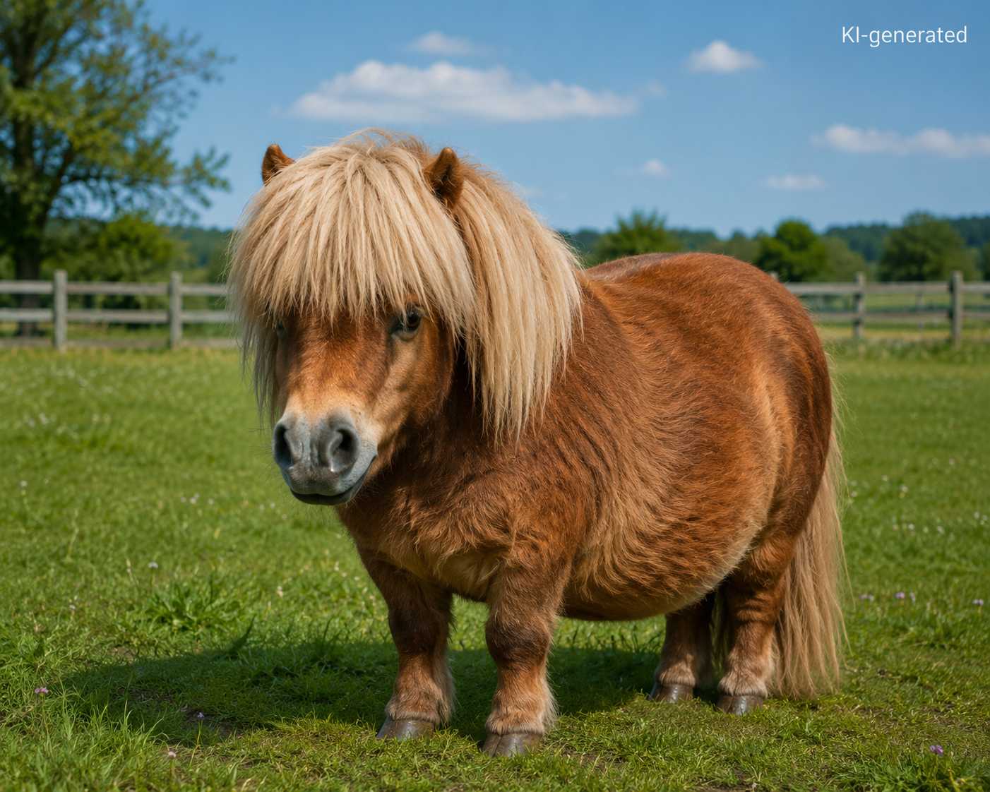 Braunes Shetlandpony mit heller Mähne steht auf einer grünen Weide vor einem Holzzaun.
