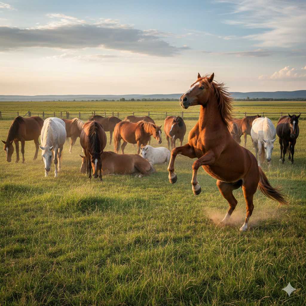 Braunes Pferd steigt auf einer weitläufigen Weide, während mehrere Pferde unterschiedlicher Farben im Hintergrund grasen oder ruhen.