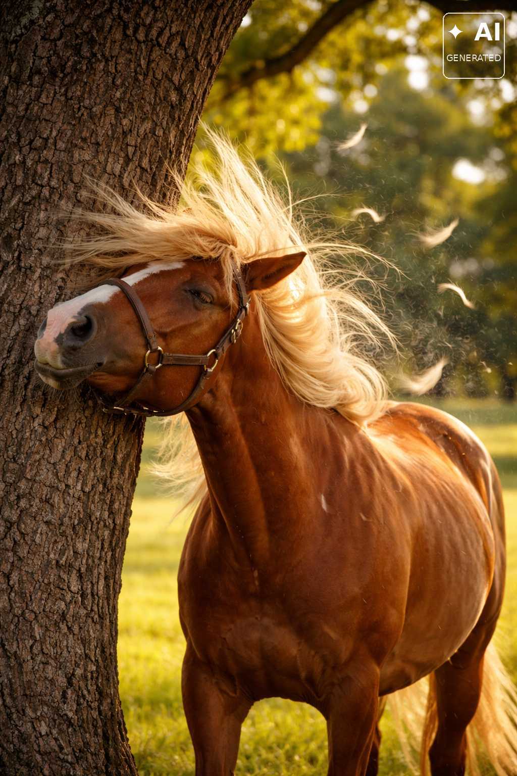 Braunes Pferd mit heller Mähne reibt den Kopf an einem Baum