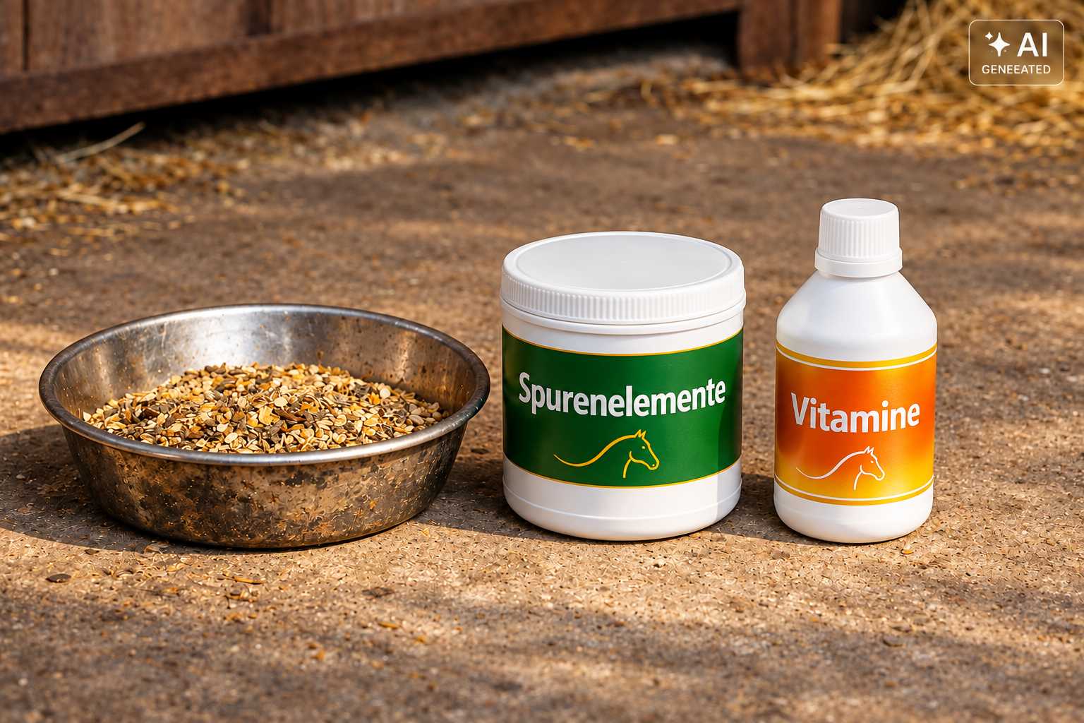 Metallschale mit Pferdefutter neben zwei weißen Behältern mit den Aufschriften „Spurenelemente“ und „Vitamine“ auf einem Holztisch im Pferdestall.