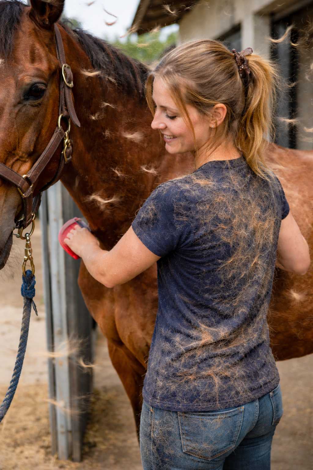 Frau bürstet ein braunes Pferd im Stall, während sich viele lose Haare im Fellwechsel lösen und durch die Luft fliegen.