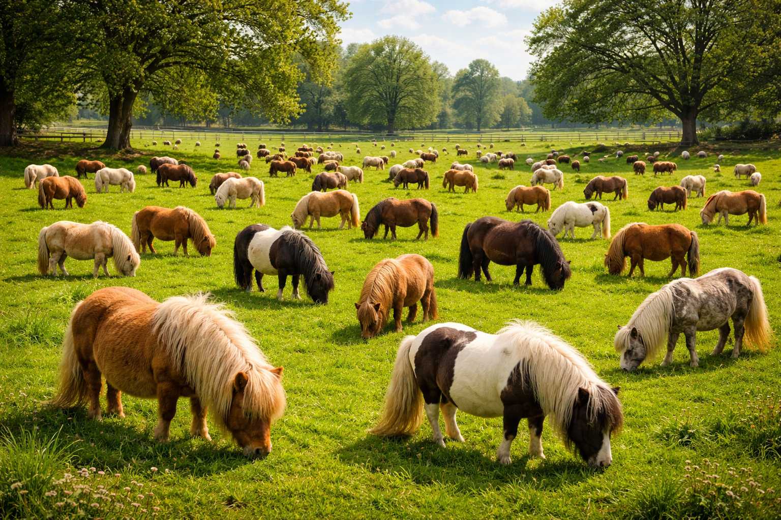 Viele Ponys grasen friedlich auf einer grünen Wiese unter Bäumen in einer weitläufigen Landschaft.