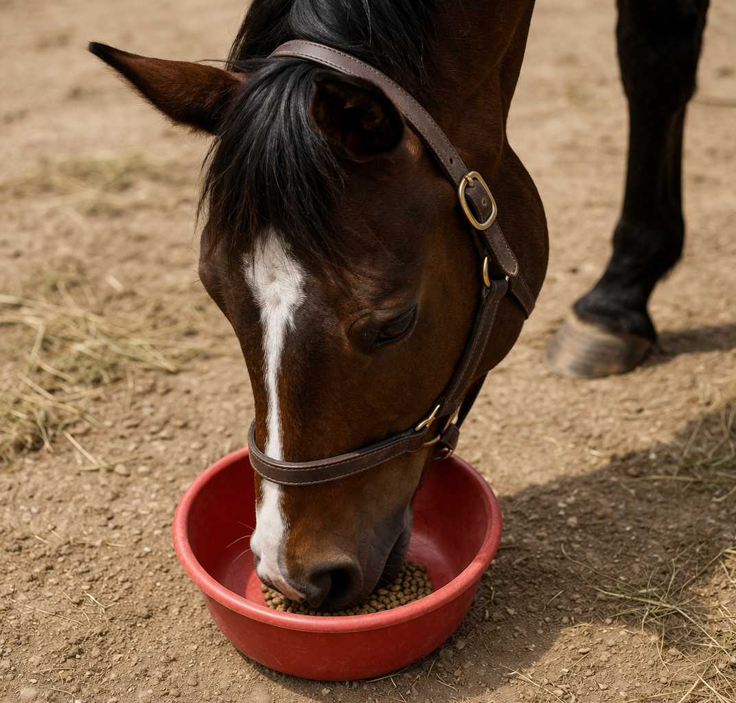 Braunes Pferd frisst Pellets aus einer roten Futterschüssel auf dem Boden